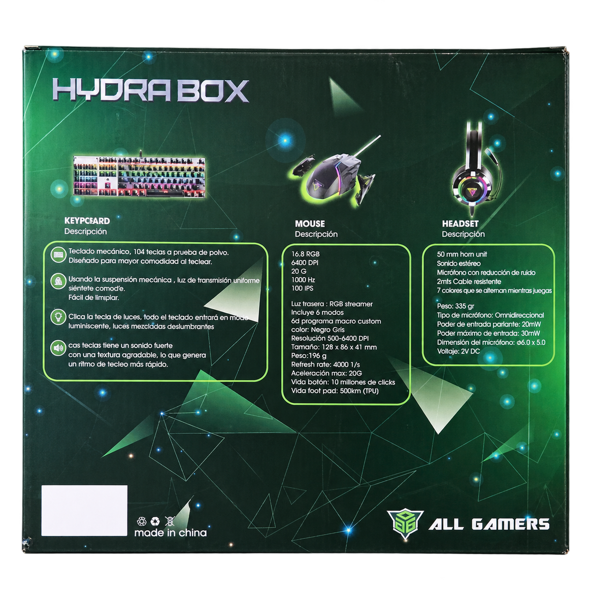 Kit Gamer Hydra Box Teclado Mecánico + Mouse + Audífonos RGB